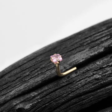 Detail View 1 of 14 Karat Gold Prong Set Princess Cut Gem Top L-Shaped Nose Ring-Pink